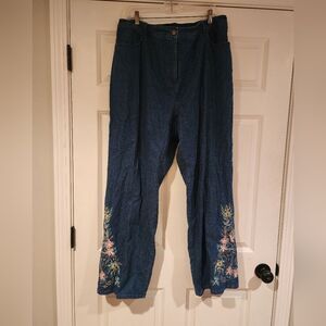 Denim & Co blue floral embroidered stretchy jeans 2X